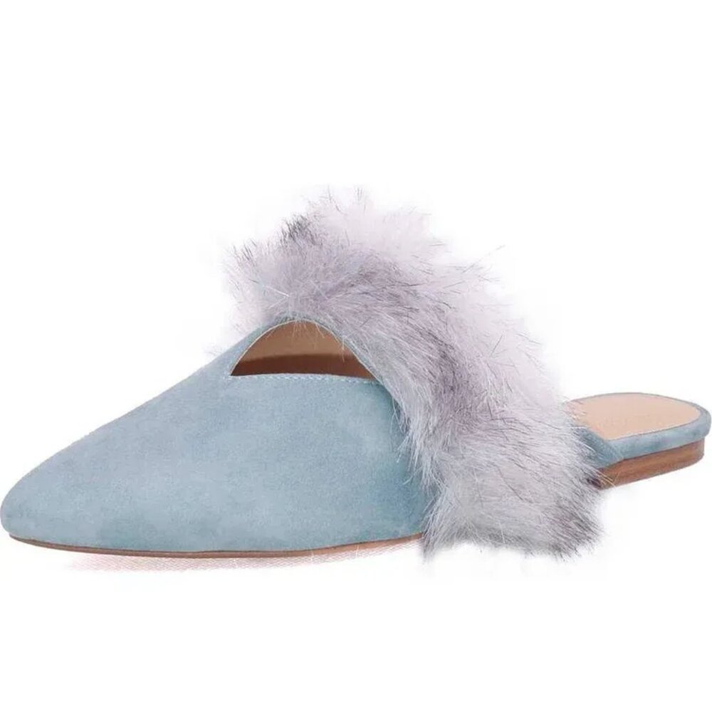 Joe's Angelique Fur and Plush Soft Suede Leather Pointed Mules in Blue NWT 11
